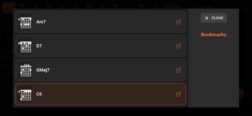 The bookmark list: four saved positions with their fingering diagrams, each with a rename button