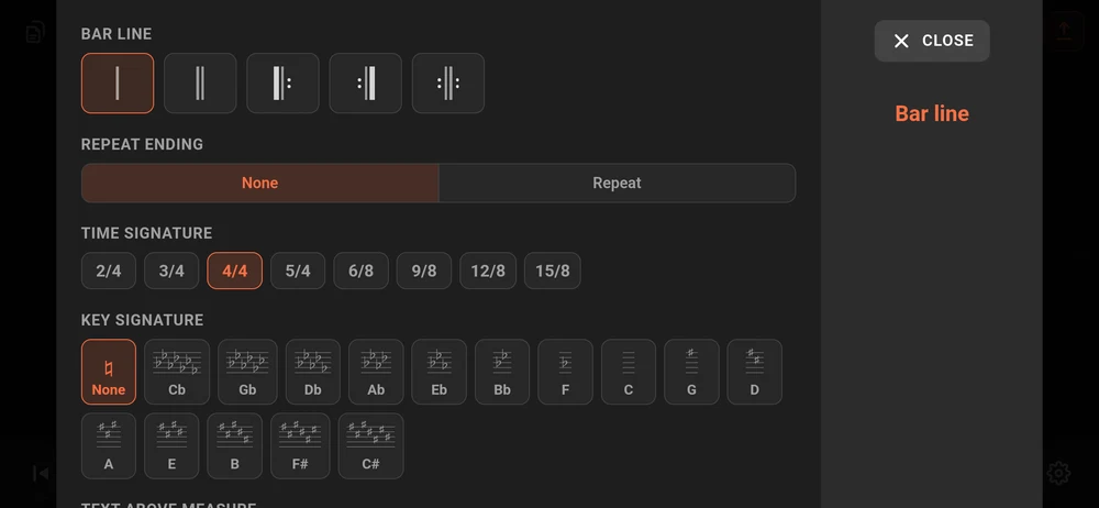 The bar line dialog: five bar types, repeat endings, the time signatures and the key signatures