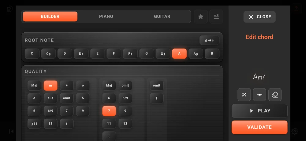 The chord editor on its Builder tab, with the root notes, the quality columns and the resulting name