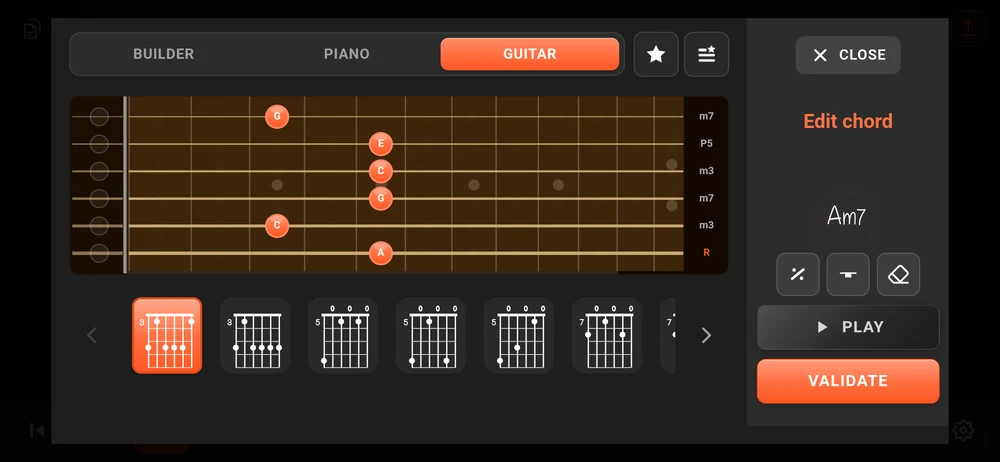 The chord editor on its Guitar tab: the fretboard with the shape on it, and the other positions along the bottom