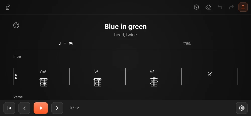 The editor in landscape: the toolbar across the top, one line of the chart, and the transport along the bottom