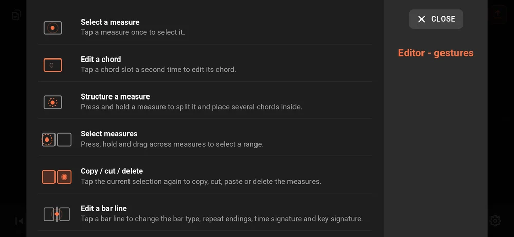 The Editor gestures card: select a measure, edit a chord, structure a measure, select measures, copy cut delete, edit a bar line