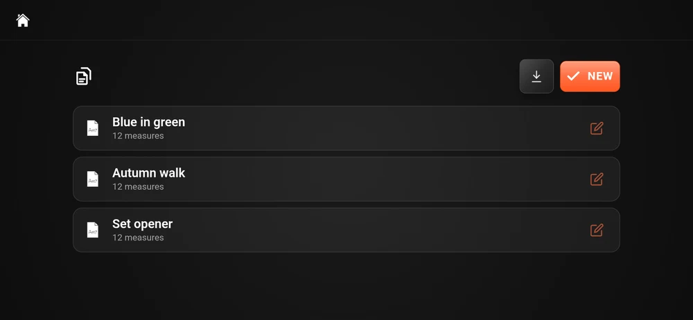 The chord chart library: three charts with their measure counts, a New button and an import button