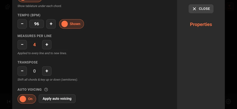 The properties dialog scrolled down: measures per line, transpose and auto voicing