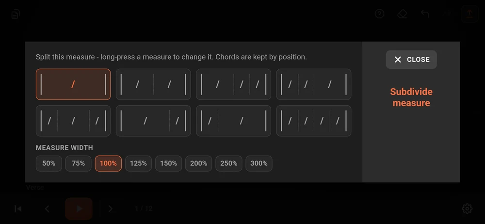 The subdivide dialog: the ways to split a four beat measure, and the measure width from 50% to 300%