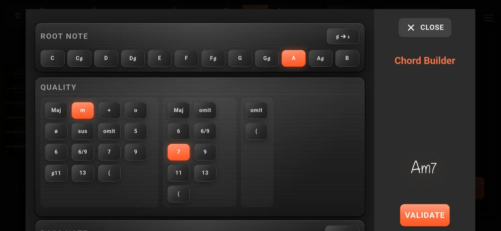 The Chord Builder: a row of root notes with a sharp to flat switch, the quality assembled in columns, and the resulting name