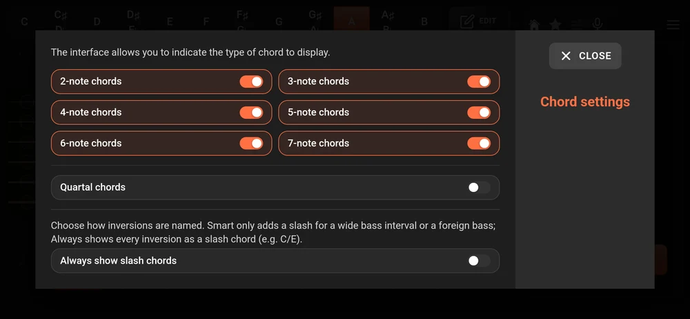 Chord settings: a switch for each chord size from two to seven notes, quartal chords, and slash chord naming