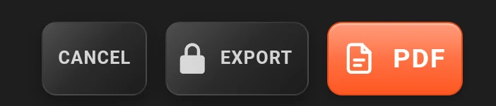 The export dialog: Cancel, a padlocked Export button, and PDF