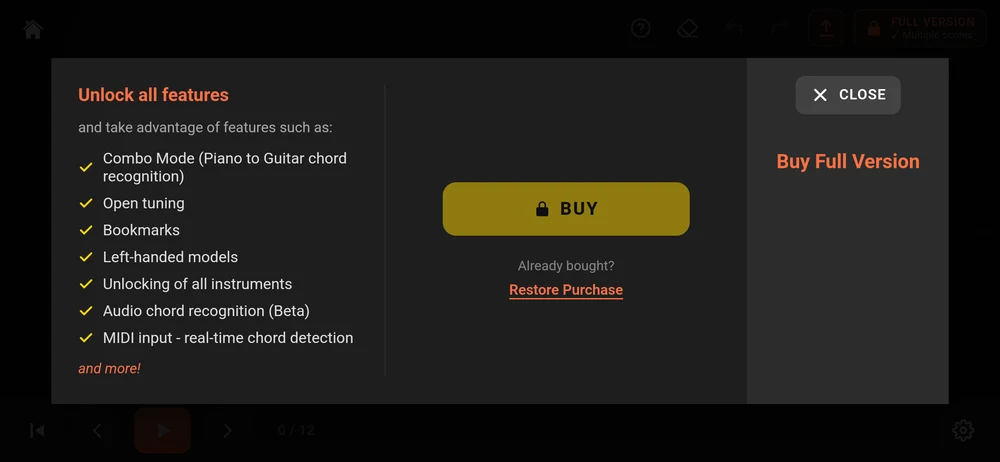 The purchase dialog: Unlock all features, the list of what the purchase adds, a BUY button and Restore Purchase