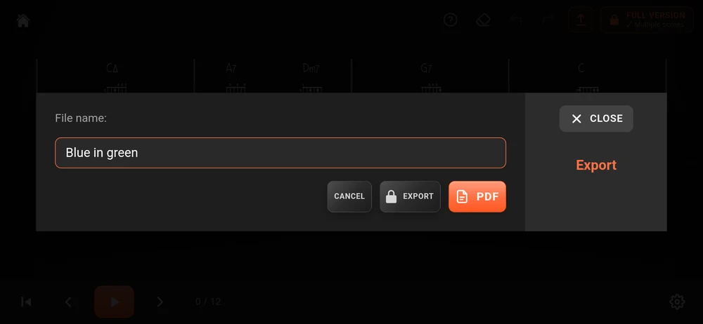 The export dialog: a file name, then Cancel, Export and PDF