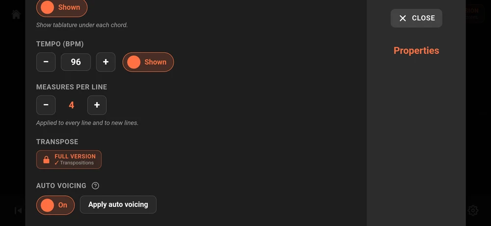 The properties dialog in the free version, with the Transpose row replaced by a Full version button