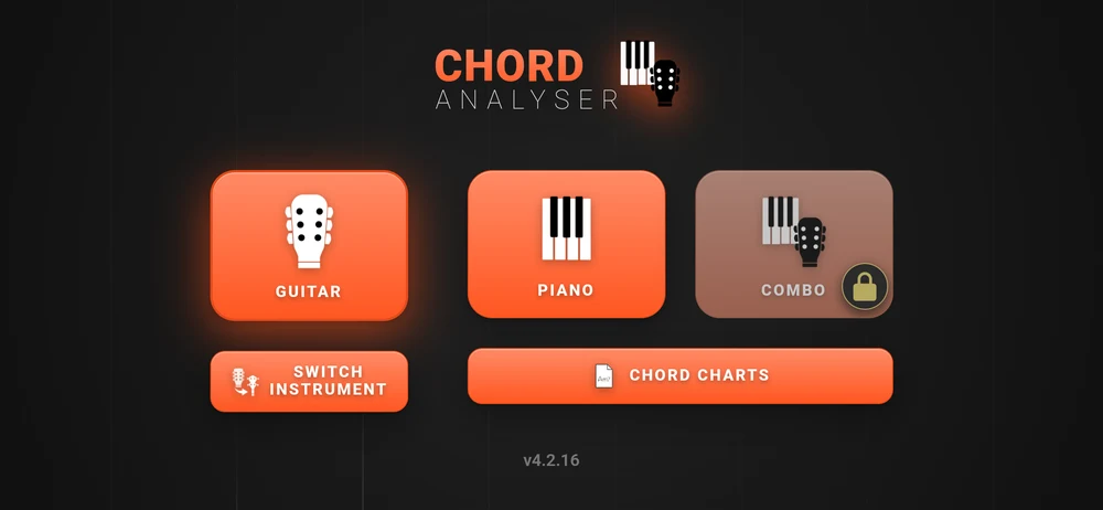 The home screen: the current instrument, Piano, Combo behind a padlock, Switch Instrument and Chord Charts