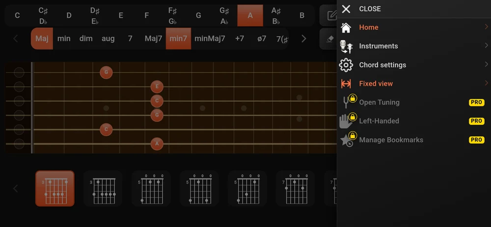 The menu in the free version: Open Tuning, Left-Handed and Manage Bookmarks each marked PRO