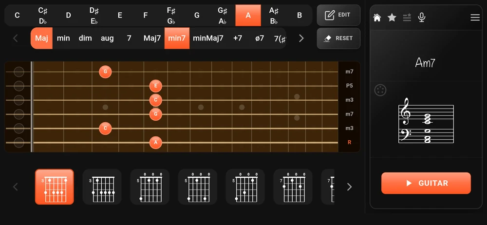 The guitar page after picking A and min7: the neck filled in, the positions along the bottom, the name on the right