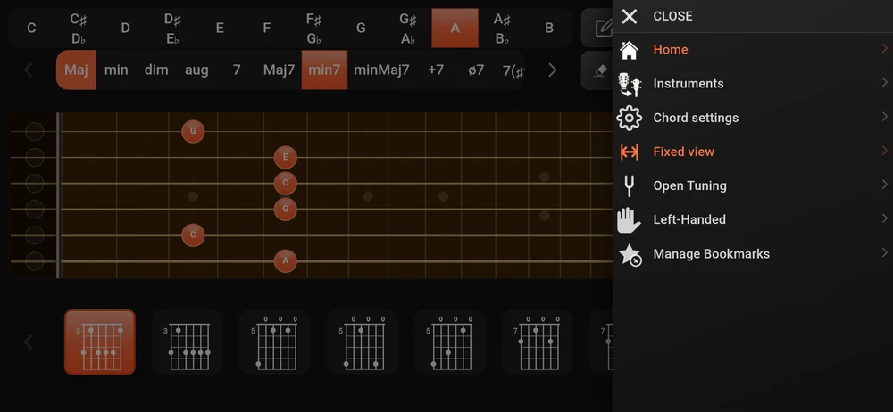 The menu on a fretboard page: Home, Instruments, Chord settings, Fixed view, Open Tuning, Left-Handed and Manage Bookmarks