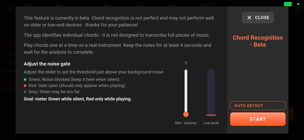 The Chord Recognition setup card: the beta warnings, the noise gate explanation, the Min. Volume slider and the Live level meter