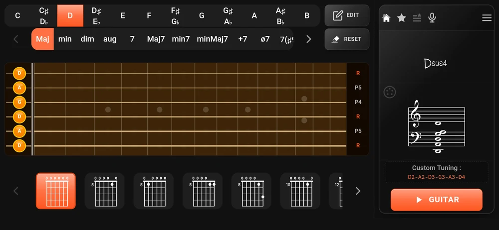 The guitar page in DADGAD: Dsus4 on six open strings, and the tuning printed on the right