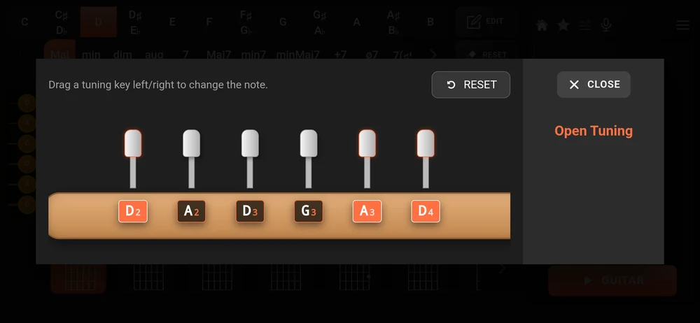 The Open Tuning dialog: a headstock with one tuning key per string, currently E A D G B E
