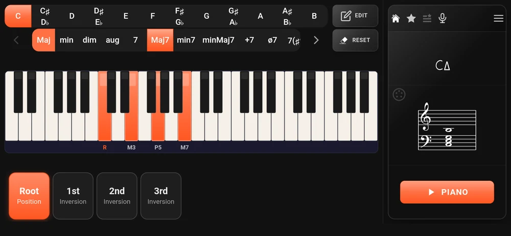 The piano page showing CMaj7 in root position, with the inversion selector below the keys