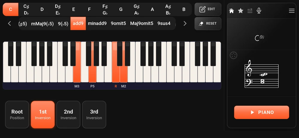 The piano page with four keys pressed, the chord name on the right and the inversion selector below