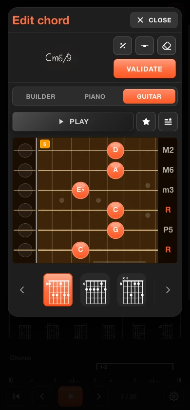 Chord entry on a guitar neck with computed positions