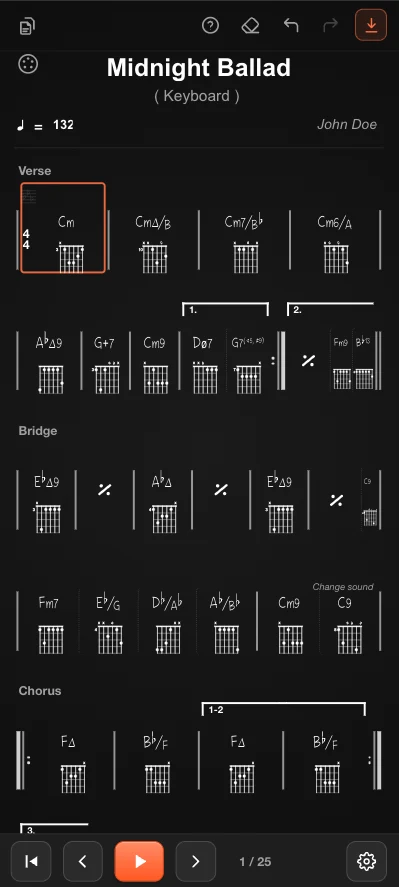 Chord diagrams displayed beneath each chord of the chart