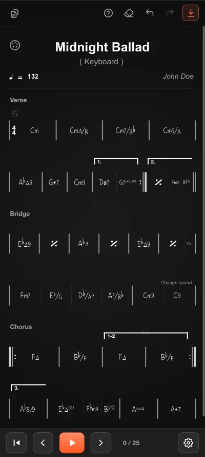 A complete chord chart rendered on a phone, with sections, repeats and complex jazz chords