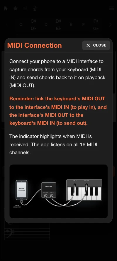 Connecting a MIDI interface to enter chords by playing them on the instrument