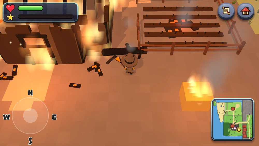 Naomi in the burning village, with the map in the corner