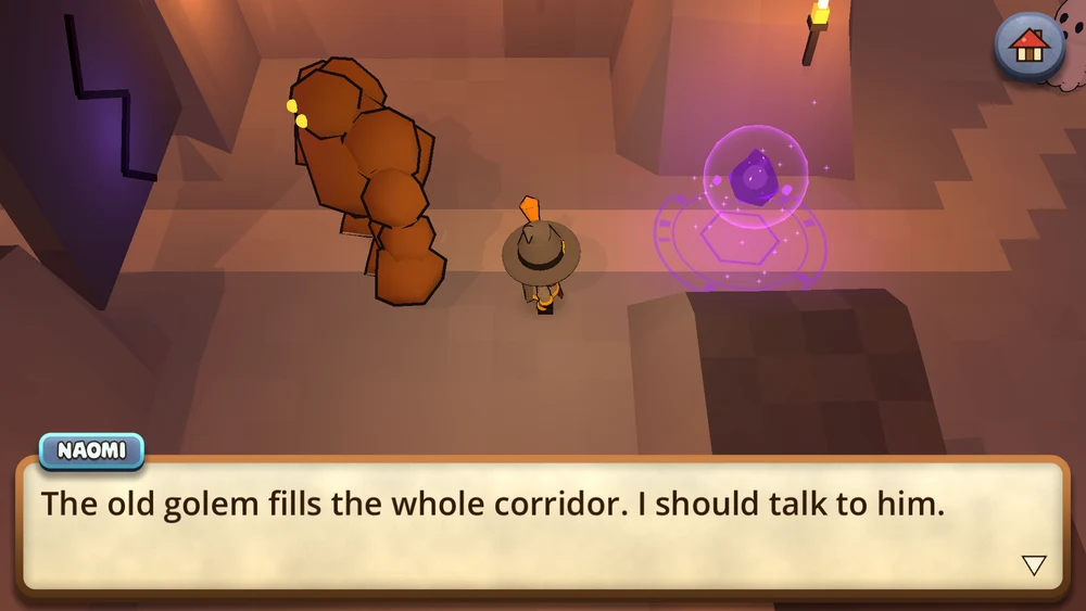 Naomi in a cave corridor, an old golem in the way