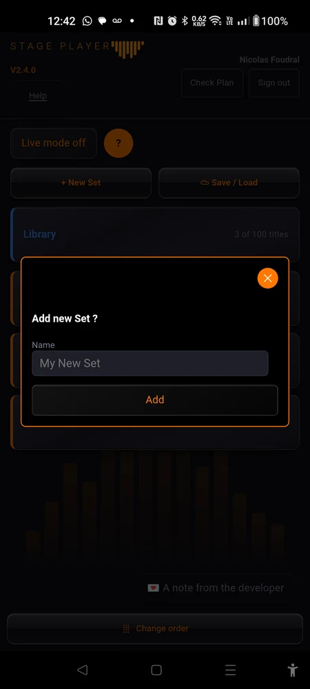 The "Add new Set ?" dialog, with the Name field filled in and the Add button below