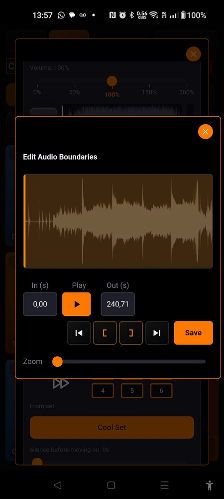The Edit Audio Boundaries screen: waveform, In and Out fields, jump buttons, Zoom slider