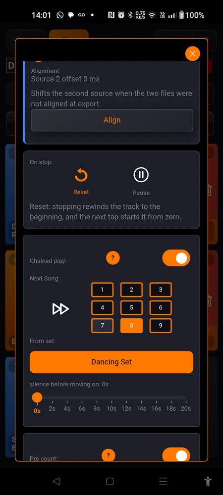 The "Chained play:" block of the pad settings dialog, with "From set:" pointing at a different set