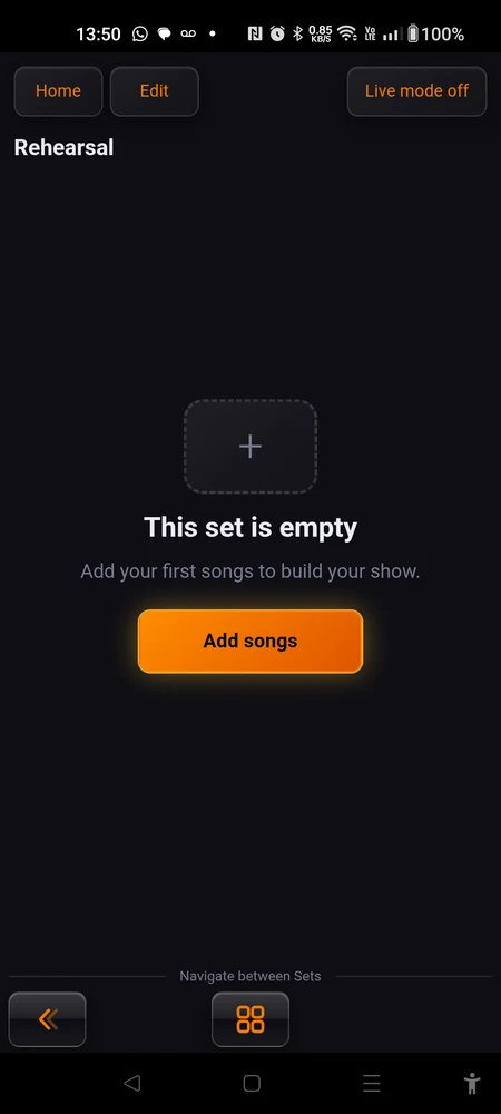 The empty-set card: "This set is empty", the line below it, and the Add songs button