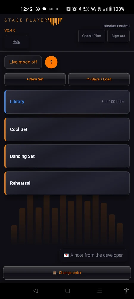 The home screen in portrait: the Library card, two or three sets listed below it, and the Change order button at the bottom