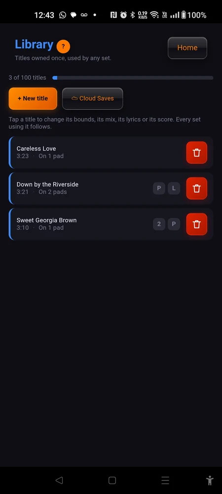 The library page: the count and its bar, the "+ New title" and "☁ Cloud Saves" buttons, and four or five titles in the list