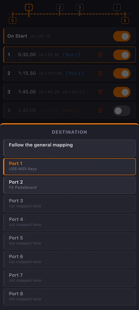 The destination sheet: the general mapping, Port 1 and Port 2 mapped, the other ports not mapped here