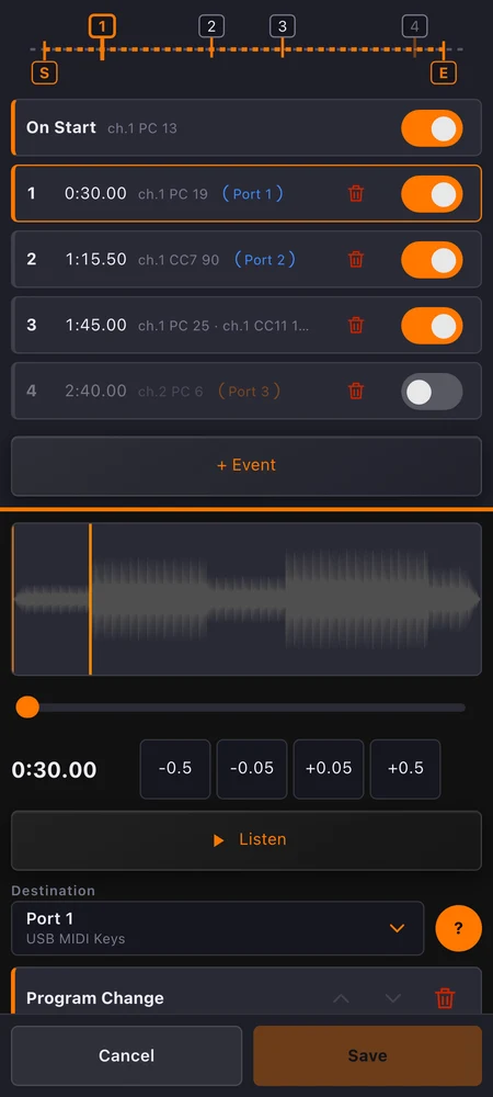 The Advanced MIDI editor: the timeline, the list of events, the waveform and the destination