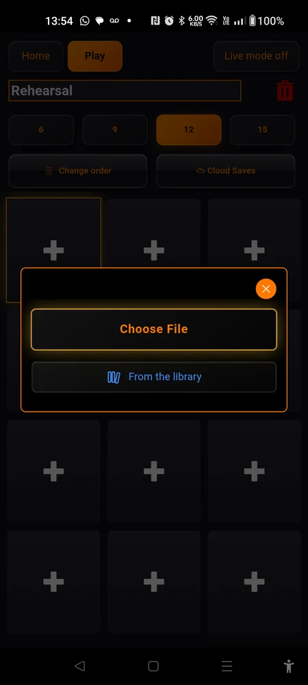 The top of the song dialog on an empty slot: Choose File and From the library side by side