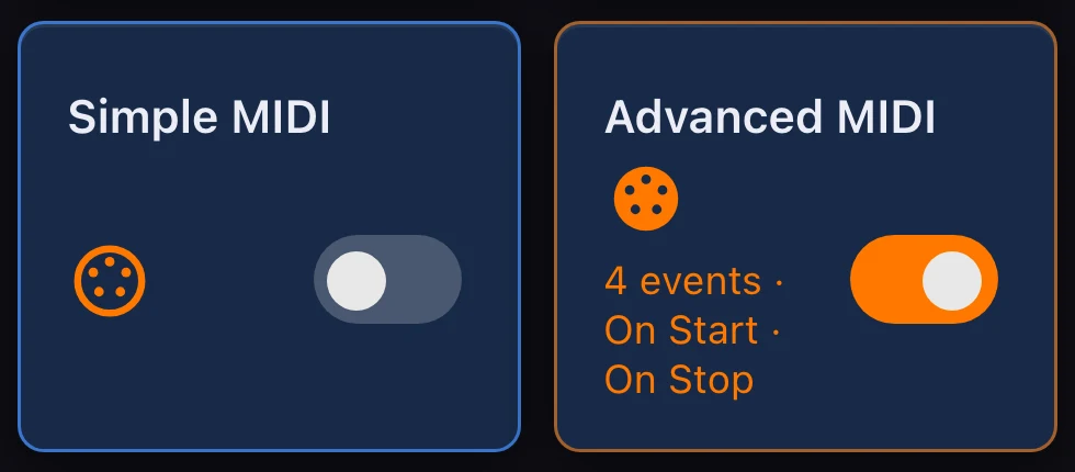 The two MIDI cards of a pad: Simple MIDI off, Advanced MIDI on with four events