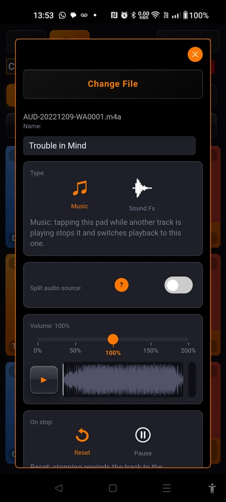 The Volume block at 120%, with the waveform preview, play button and level meter