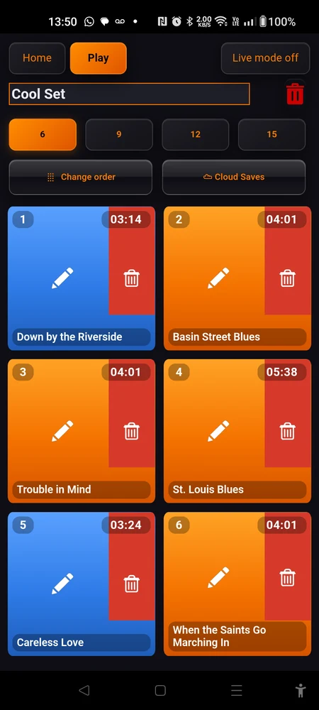 A set in Edit mode: the name as a text field with the bin beside it, the 6 / 9 / 12 / 15 row, and the Change order and Cloud Saves buttons