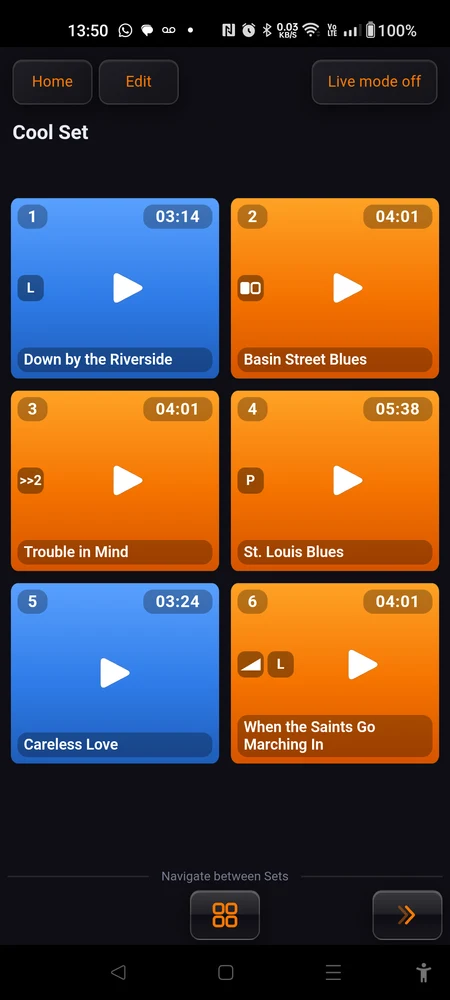 A set mid-song: the Now playing line under the title, Stop all in the header, one pad counting down, and the seek bar under the grid