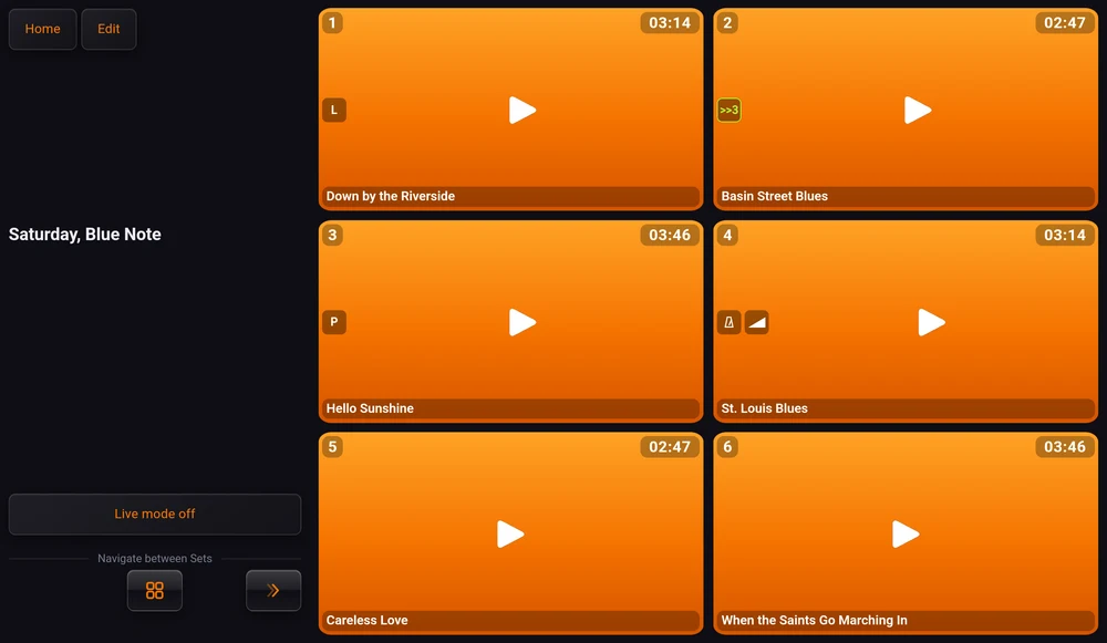 A set in landscape: the set's controls on the left, the pads filling the rest